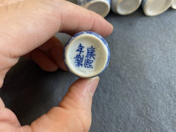 Five Chinese blue and white snuff bottles, 19th C.