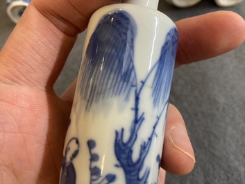 Five Chinese blue and white snuff bottles, 19th C.