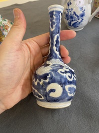 Four Chinese famille rose vases, a bat-shaped bowl and a covered jug, 19th C.