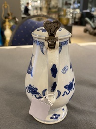 A Chinese silver-mounted blue and white mustard jar and cover, Kangxi