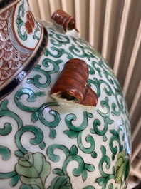 A very large Chinese famille verte 'dragon' vase on wooden stand, 19th C.