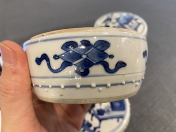 A pair of Chinese blue and white boxes and covers with antiquities, Kangxi