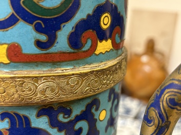 A large Chinese cloisonn&eacute; Tibetan-style 'duomuhu' ewer, marked, Republic