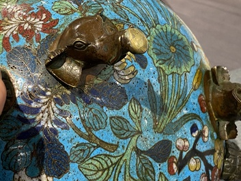 A Chinese cloisonn&eacute; tripod 'phoenix' bowl with elephant head handles, Qianlong/Jiaqing