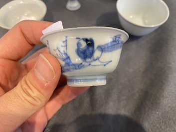 Four Chinese blue and white 'Hatcher cargo' bowls and three stem cups, Transitional period