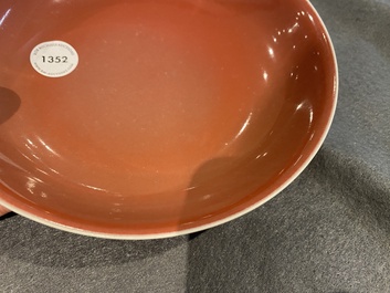 A Chinese monochrome copper-red plate, Zhong Guo Jing De Zhen Zhi 中國景德鎮製 mark, dated 1954