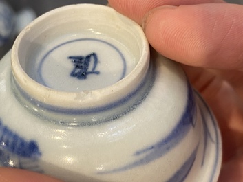 Four Chinese blue and white 'Hatcher cargo' bowls and three stem cups, Transitional period