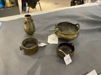 Three Chinese bronze censers and a silver-inlaid bronze vase, Qing