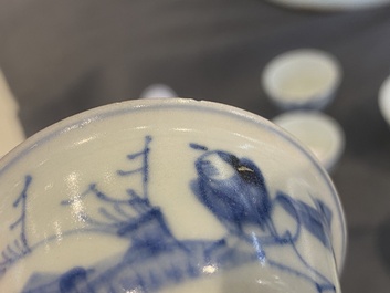 Four Chinese blue and white 'Hatcher cargo' bowls and three stem cups, Transitional period