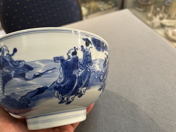 Bol en porcelaine de Chine en bleu et blanc &agrave; d&eacute;cor d'immortels, marque de Shen De Tang Bo Gu Zhi 慎德堂博古製, Kangxi