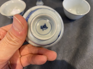 Four Chinese blue and white 'Hatcher cargo' bowls and three stem cups, Transitional period