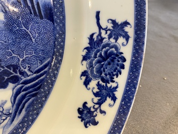 A large Chinese blue and white dish with a fine landscape, Qianlong