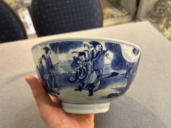 Bol en porcelaine de Chine en bleu et blanc &agrave; d&eacute;cor d'immortels, marque de Shen De Tang Bo Gu Zhi 慎德堂博古製, Kangxi