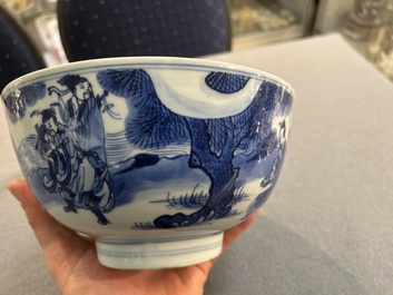 Bol en porcelaine de Chine en bleu et blanc &agrave; d&eacute;cor d'immortels, marque de Shen De Tang Bo Gu Zhi 慎德堂博古製, Kangxi