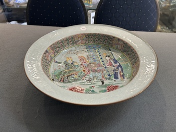 A rare large deep Chinese famille rose dish with fine figurative design, Yongzheng