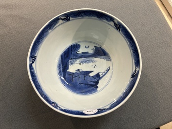 Bol en porcelaine de Chine en bleu et blanc &agrave; d&eacute;cor d'immortels, marque de Shen De Tang Bo Gu Zhi 慎德堂博古製, Kangxi