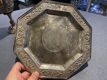 A Chinese silver monogrammed goblet and an octagonal tripod dish, 19/20th C.