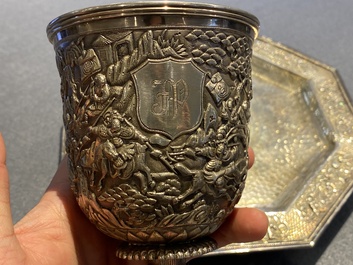 A Chinese silver monogrammed goblet and an octagonal tripod dish, 19/20th C.