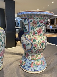 A Chinese famille rose yellow-ground 'phoenix' vase and a large spittoon, 19th C.