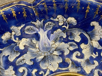 A Chinese blue-ground Canton enamel basin and a covered bowl on stand, Qianlong/Jiaqing