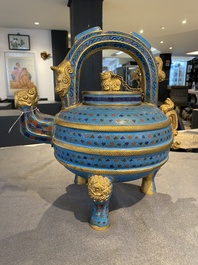 A large Chinese cloisonn&eacute; tripod wine ewer and cover, 19/20th C.