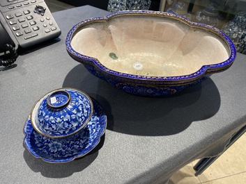 A Chinese blue-ground Canton enamel basin and a covered bowl on stand, Qianlong/Jiaqing