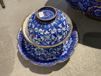 A Chinese blue-ground Canton enamel basin and a covered bowl on stand, Qianlong/Jiaqing