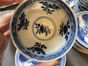 13 Chinese blue and white 'rabbit hunt' cups and 10 saucers, Qianlong mark, 19th C.