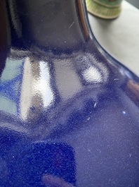 A Chinese monochrome 'sacrificial blue' bottle vase, 18/19th C.