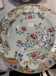 Four Chinese famille rose and verte plates and a dish, Kangxi and later