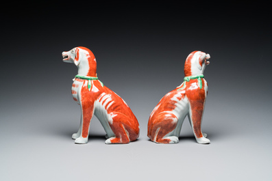 A pair of Chinese polychrome export porcelain models of dogs, Qianlong