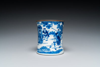 A Chinese blue and white brush pot, Kangxi mark, 19th C.