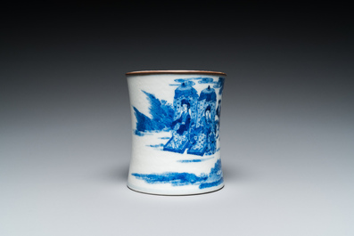 Pot &agrave; pinceaux en porcelaine de Chine en bleu et blanc, marque de Kangxi, 19&egrave;me