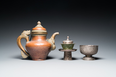 Five Tibetan ritual objects in copper, silver, jade and wood, 19/20th C.
