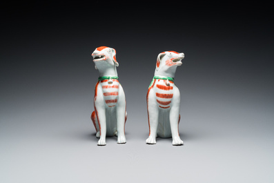 A pair of Chinese polychrome export porcelain models of dogs, Qianlong