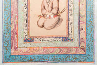 Qajar school, miniatuur: 'Imam Ali' met kalligrafie