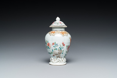 A Chinese famille rose tea caddy with a bird on a rock, Yongzheng