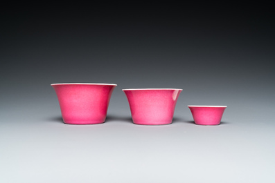 Three Chinese monochrome pink bowls, Qianlong mark, 19/20th C.