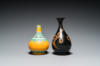 A Chinese Jizhou vase, a Jian bowl and a yellow-ground vase, Song and later