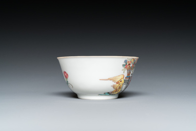 A Chinese Dutch market famille rose cup and saucer with the arms of van Isselmuden and van Haersolte, Qianlong