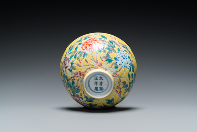 A Chinese famille rose yellow-ground bowl with floral design, Yongzheng mark but probably later