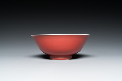 A Chinese monochrome copper-red-glazed bowl, Qianlong mark but probably later