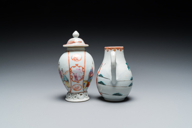 A Chinese famille rose 'mandarin subject' tea caddy and a jug with the 'Judgement of Paris', Qianlong