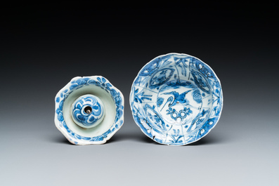 A Chinese blue and white plate, a klapmuts bowl and a trick cup, Wanli/Yongzheng