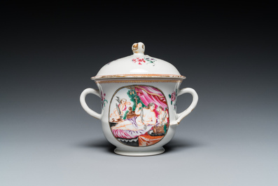 Quatre pi&egrave;ces en porcelaine de Chine famille rose aux sujets mythologiques et romantiques, Qianlong