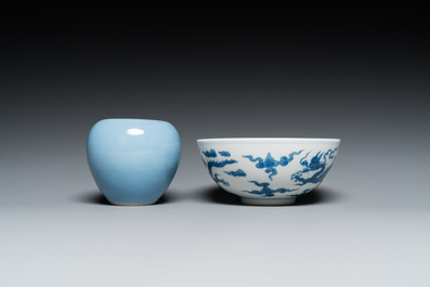 A Chinese blue and white 'dragon' bowl and a lavender-blue-glazed brushwasher, Qianlong mark, 19/20th C.