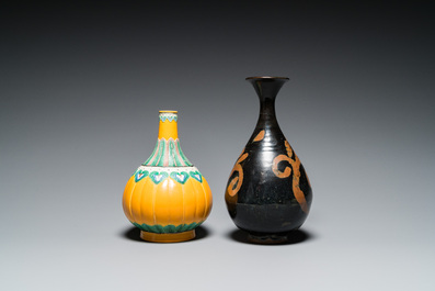 A Chinese Jizhou vase, a Jian bowl and a yellow-ground vase, Song and later