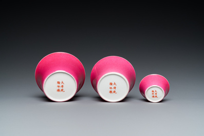 Three Chinese monochrome pink bowls, Qianlong mark, 19/20th C.