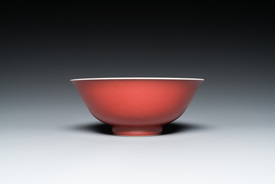 A Chinese monochrome copper-red-glazed bowl, Qianlong mark but probably later