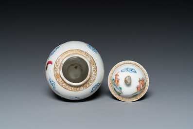 Three Chinese famille rose 'horserider' cups and saucers with the matching tea caddy, Yongzheng/Qianlong